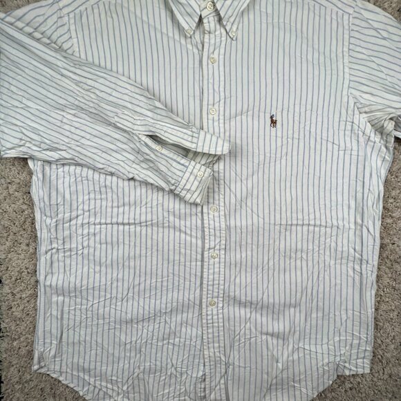 Ralph Lauren Yarmouth Button Up Shirt Long Sleeve Size 16 33 Blue Ivory Striped - Picture 2 of 12